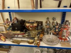Collection of pewter tankards, figurines, binoculars, metalwares, parasol etc.