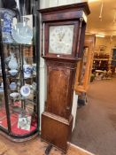 Antique oak and mahogany 30 hour longcase clock having fruit and floral painted square dial signed