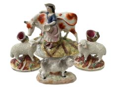 19th Century Staffordshire milkmaid and cow, pair sheep spill,