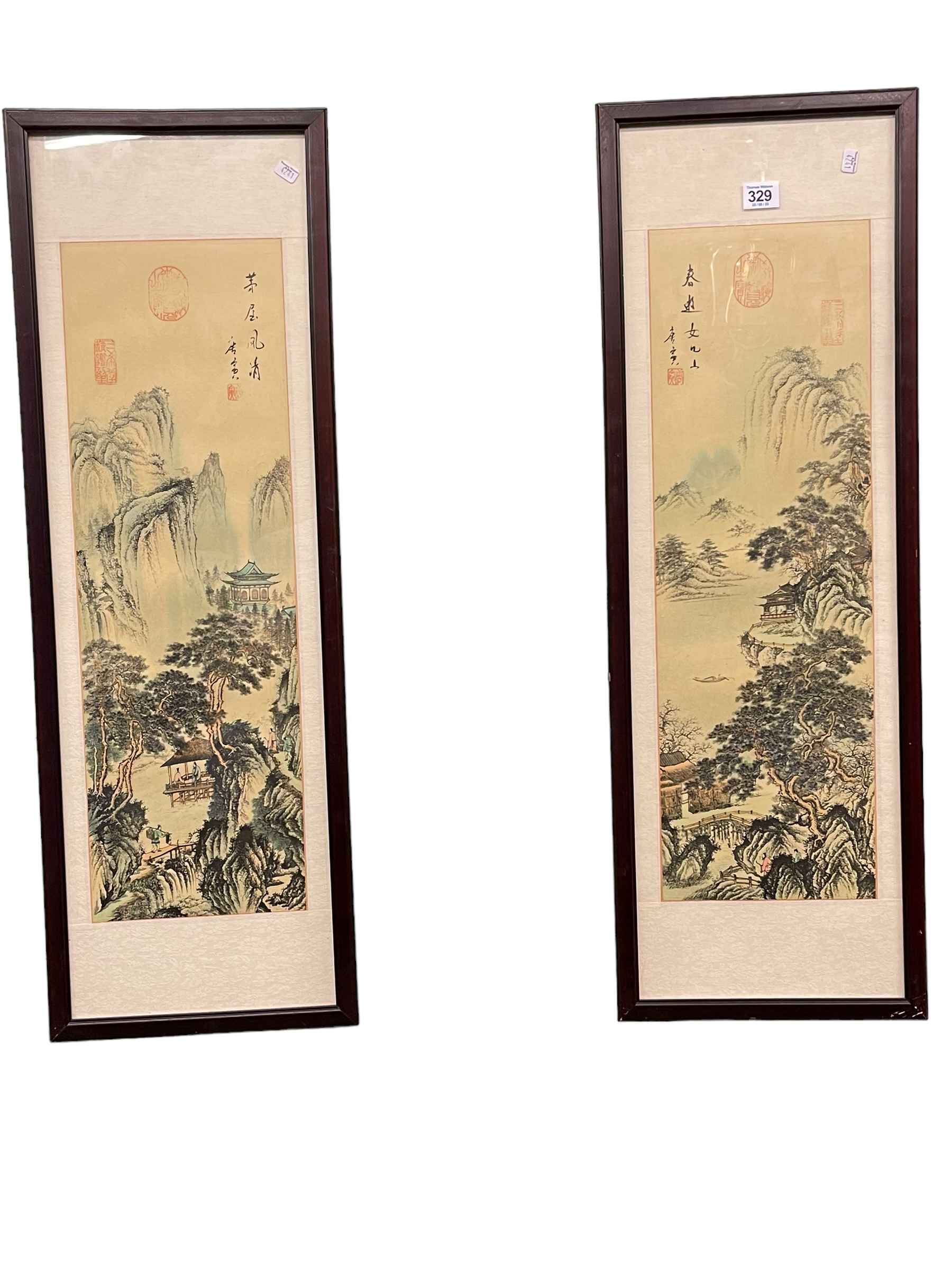 Pair Oriental framed landscape woodcuts, 82cm by 28cm including frame.