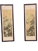 Pair Oriental framed landscape woodcuts, 82cm by 28cm including frame.