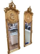 Pair gilt framed lady portrait rectangular bevelled wall mirrors, 179cm by 53cm.