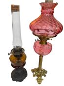 Victorian brass oil lamp with pink glass reservoir and shade, 67cm,