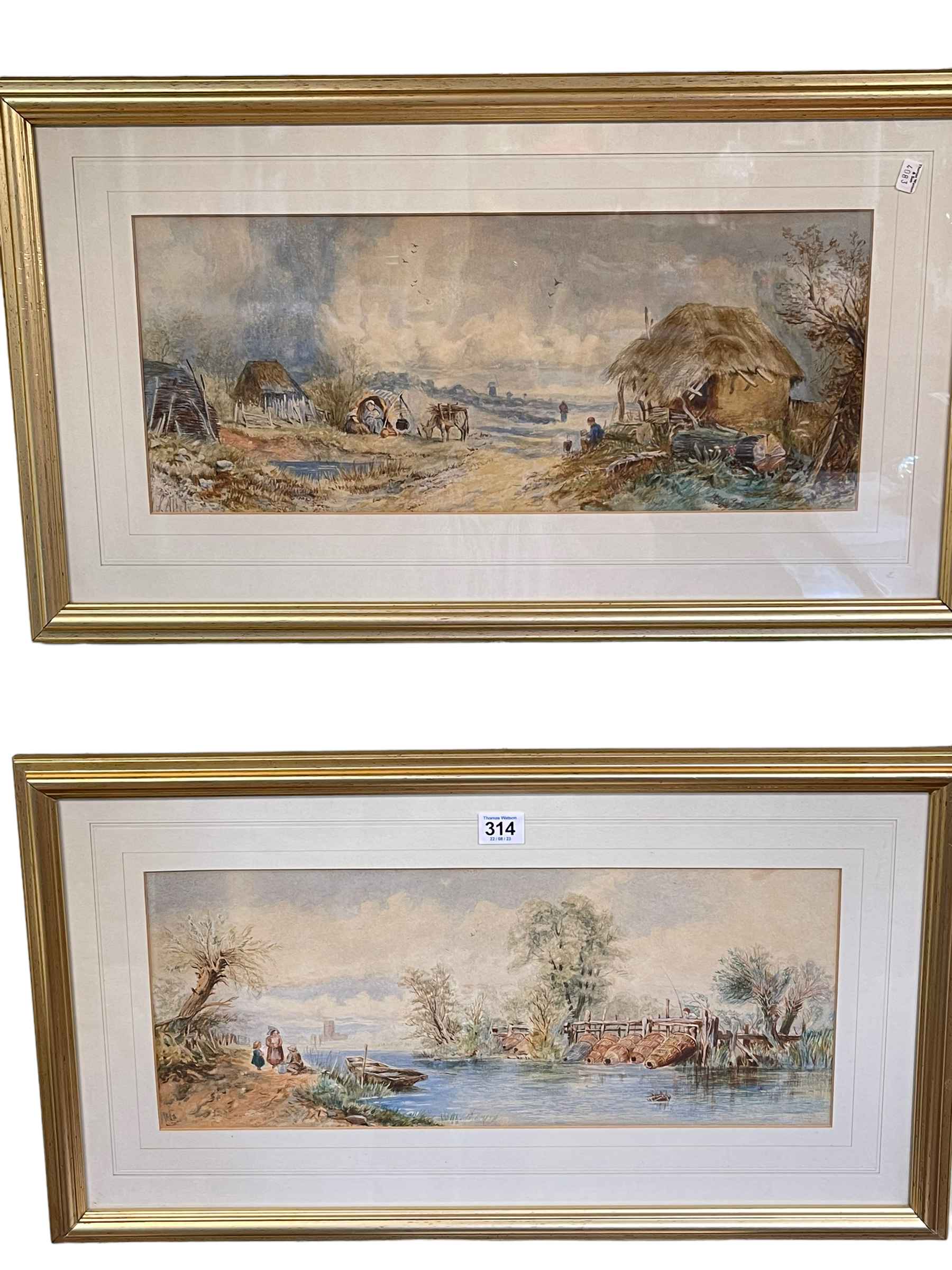 W S Allely, Eel Fishing and Rural Scene, pair watercolours, both signed, 19cm by 47cm,