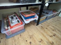 Five boxes of railway interest including Fleischmann, Hornby, accessories, track, etc.