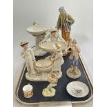 Eight pieces of Royal Worcester including figurines, miniature cup, bird and pin dish.