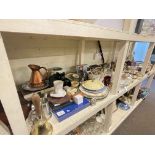 Torquay wares, Minton blue and white plates, hand painted vases, copper kettle, brass Bunsen Burner,