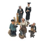 Five Royal Doulton figures including The Clockmaker and Master Sweep.