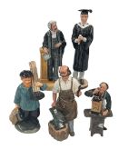 Five Royal Doulton figures including The Clockmaker and Master Sweep.