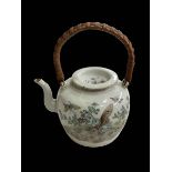 Chinese teapot with insects and birds verso, cane handle, 21cm.