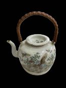 Chinese teapot with insects and birds verso, cane handle, 21cm.