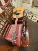 Guitar, drum with sticks, Loco amp, Laney speakers, mandolin and banjo.