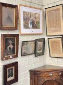 Collection of fourteen various framed etchings, rosewood framed portraits, etc.