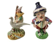 Staffordshire mansion house dwarf and mother goose figures, tallest 20cm.