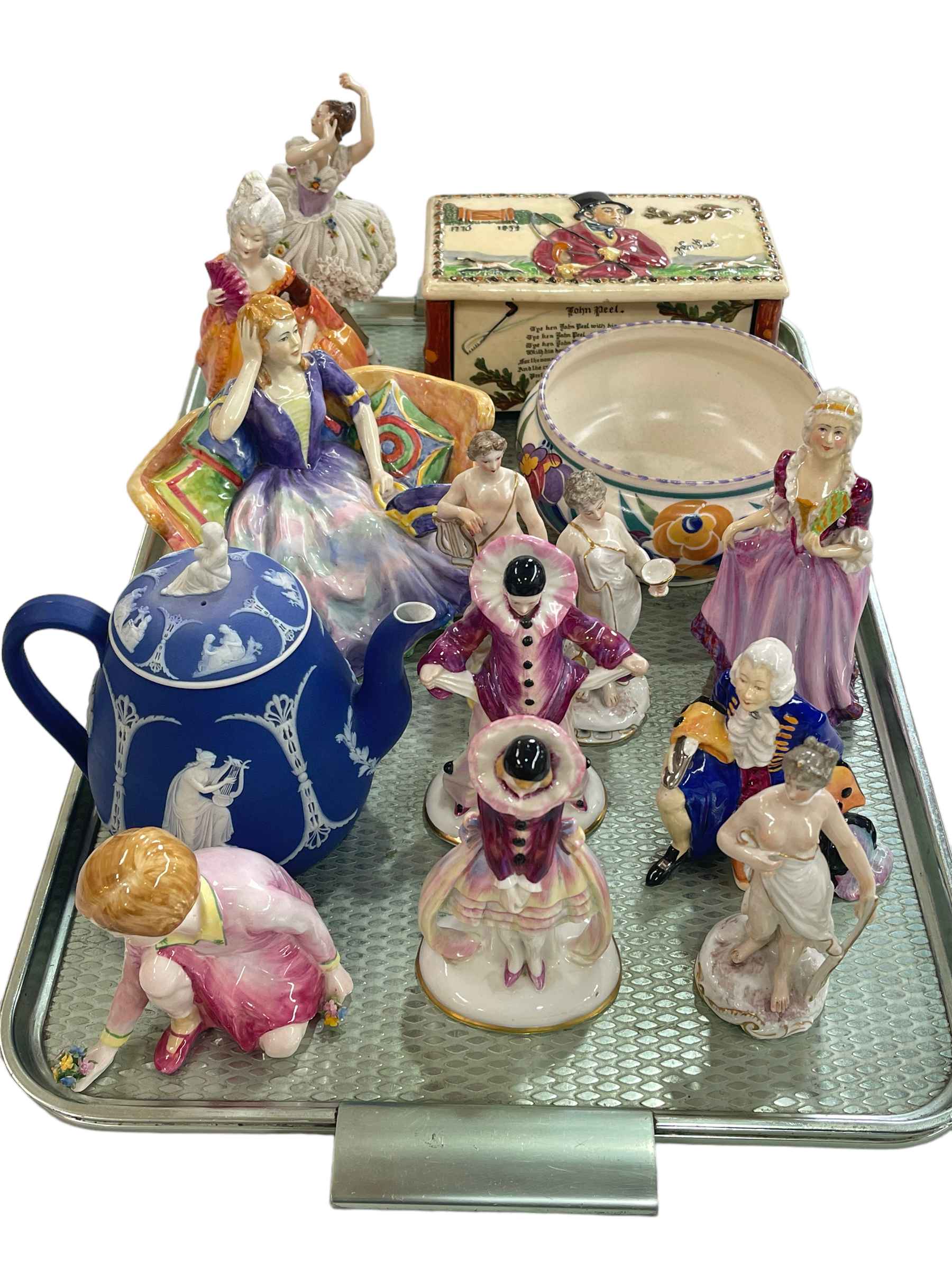 Crown Devon John Peel musical box, assorted figurines, Poole bowl, Wedgwood Blue Jasperware teapot,