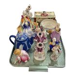 Crown Devon John Peel musical box, assorted figurines, Poole bowl, Wedgwood Blue Jasperware teapot,