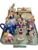 Crown Devon John Peel musical box, assorted figurines, Poole bowl, Wedgwood Blue Jasperware teapot,