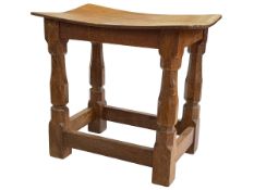 Robert Thompson of Kilburn 'Mouseman' adzed oak dish topped stool, 38cm by 40.5cm by 27.5cm.
