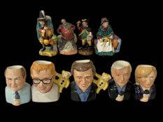 Four small Royal Doulton figures and five celebrity character egg cups (9).