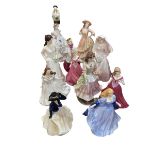 Collection of Royal Worcester and Royal Doulton ladies including The Queen of the May, Annabel,