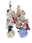 Collection of Royal Worcester and Royal Doulton ladies including The Queen of the May, Annabel,