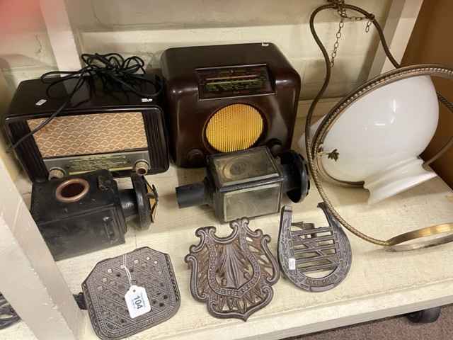 Vintage radios, coach lamps, glass ceiling shades, glass bottles, camera, etc. - Image 4 of 4