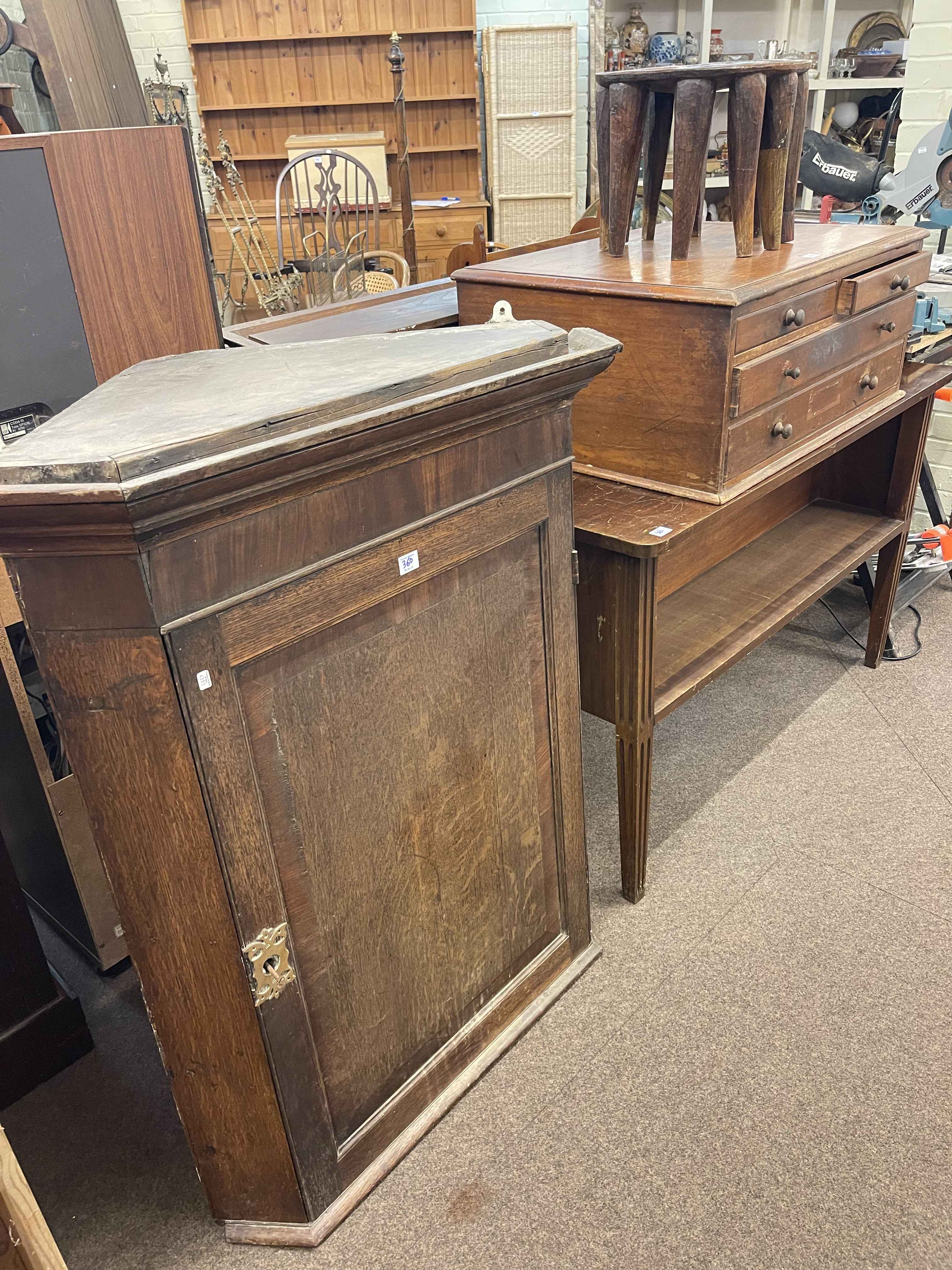 19th Century oak corner cabinet, mahogany side unit,