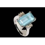 Aquamarine and diamond 14k white gold ring, size M/N.