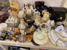 Collection of Crown Devon lustre, Staffordshire dogs, camera, part teawares, etc.