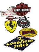 Seven cast iron motoring interest signs.