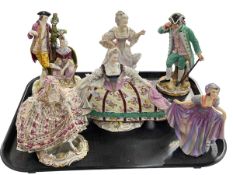 Five Continental porcelain extravagant figures, and Paragon Elise figure.