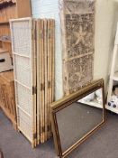 Four wicker work three fold vanity screens, gilt framed and mahogany effect framed wall mirrors.