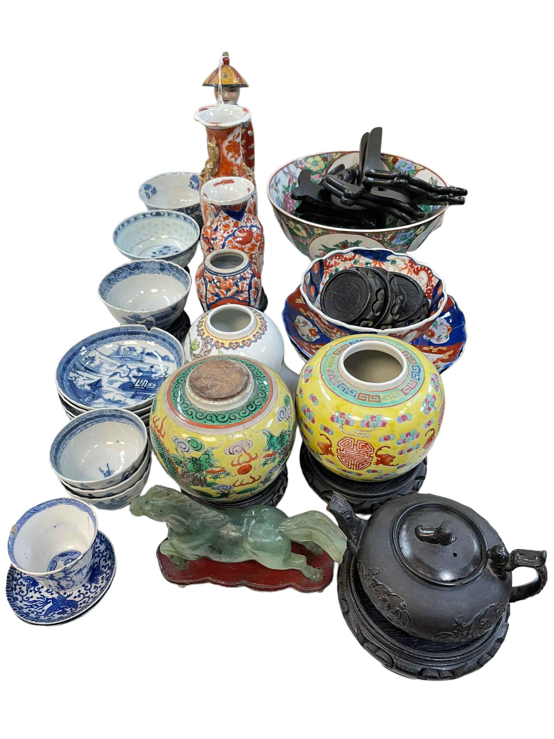 Collection of Oriental wares including tea bowls, ginger jars, vases, etc.