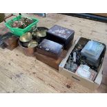 Antique boxes, vintage brass scales, copper kettle, cruet, etc.