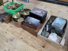 Antique boxes, vintage brass scales, copper kettle, cruet, etc.