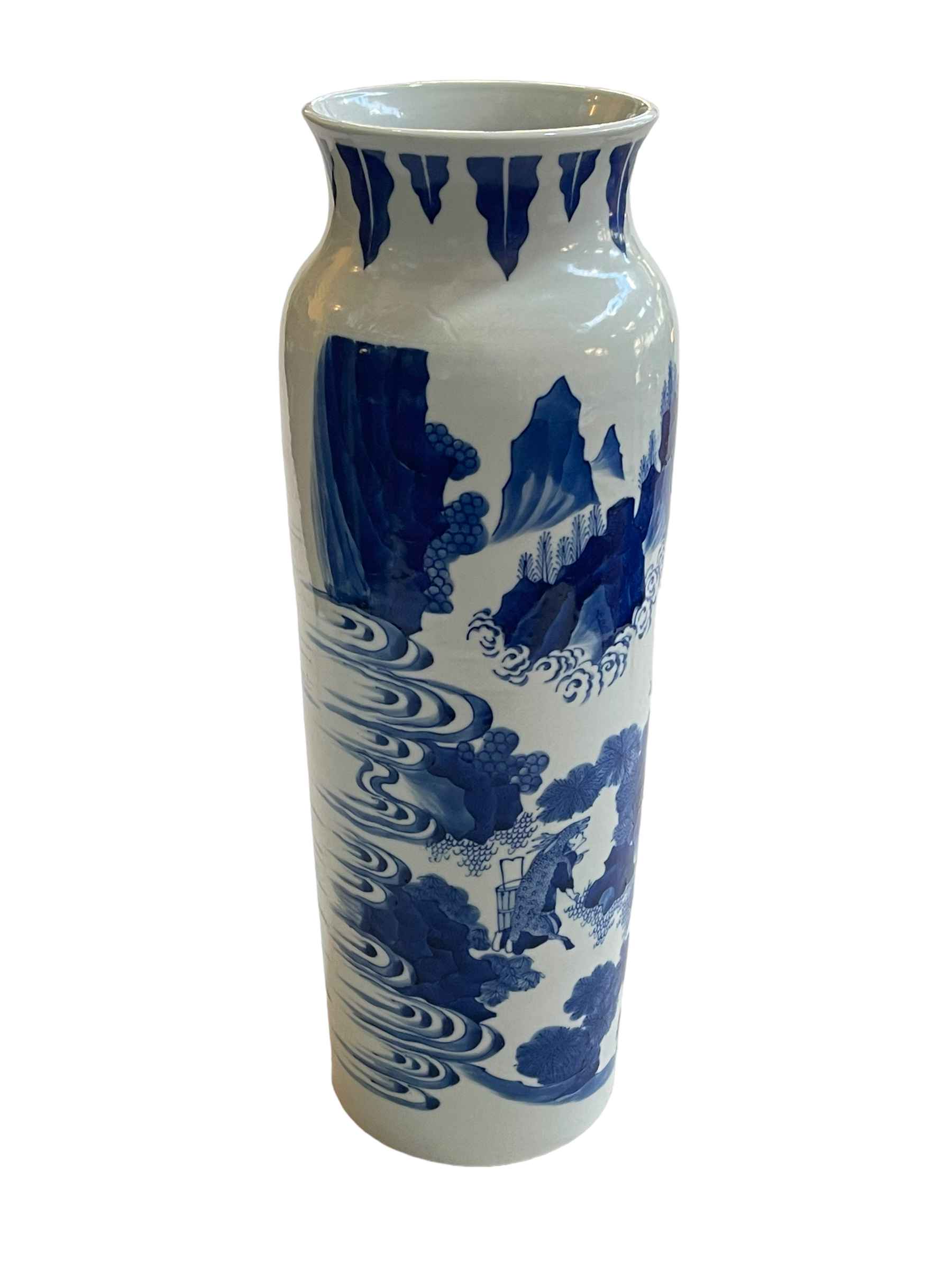 Tall Chinese blue and white sleeve vase with equestrian and other male figures, 45cm. - Image 2 of 4