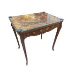 Marquetry fold top card table, 73cm wide.