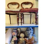 Oriental lidded jar and vase, mantel clock, prints, pair balloon back chairs, etc.