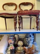 Oriental lidded jar and vase, mantel clock, prints, pair balloon back chairs, etc.