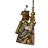 Fruitwood coffee grinder, Asian brass example, pair of circa 19th Century brass candlesticks, etc.