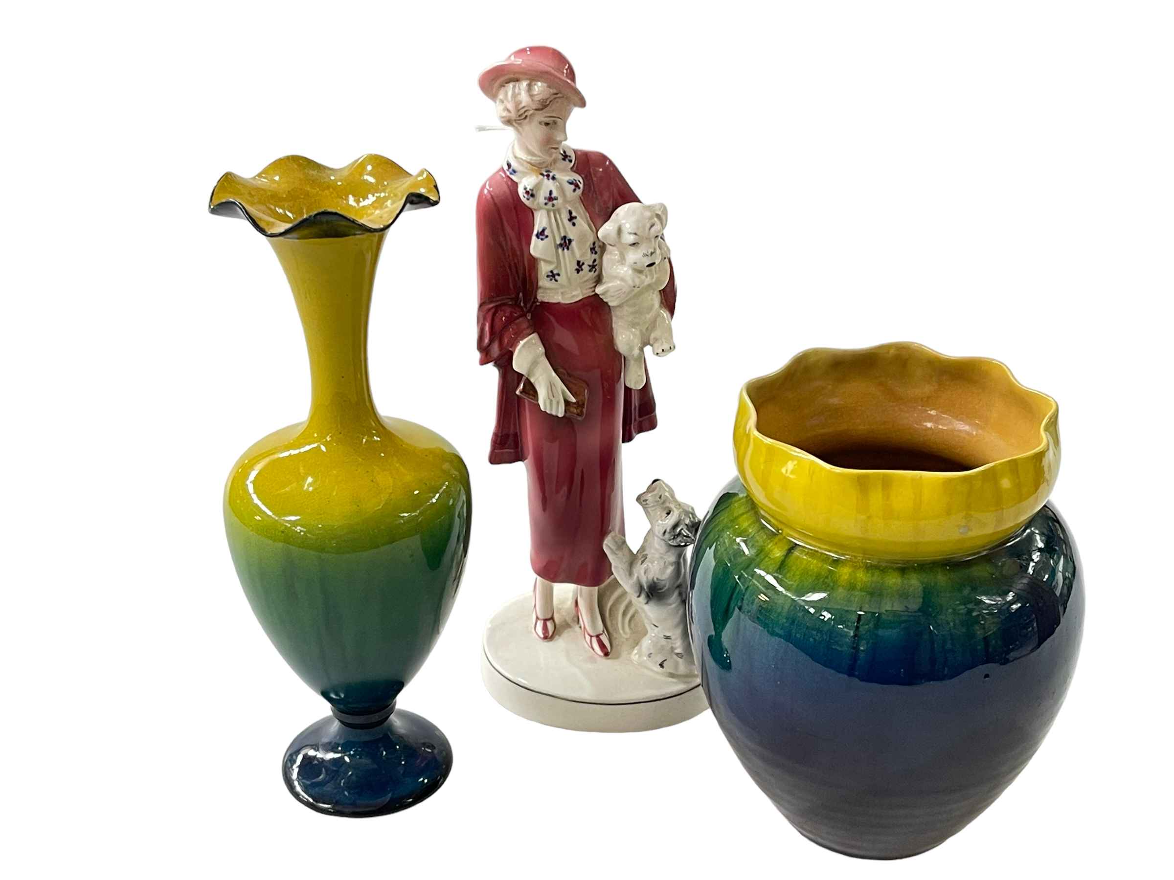 Linthorpe vase 1636, Linthorpe petal vase 2106 and Katzhutte lady figure with dog.