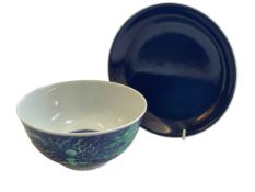 Chinese blue and green dragon bowl, 15cm diameter, with similar stand (2).