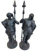 Two Spelter sculptures depicting soldiers, 81cm high.