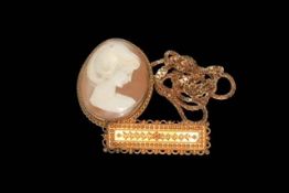 15 carat gold die-stamped ring, 10k gold chain necklace, and 9 carat gold mounted cameo brooch (3).