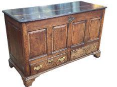 Antique oak mule chest, 139cm wide.