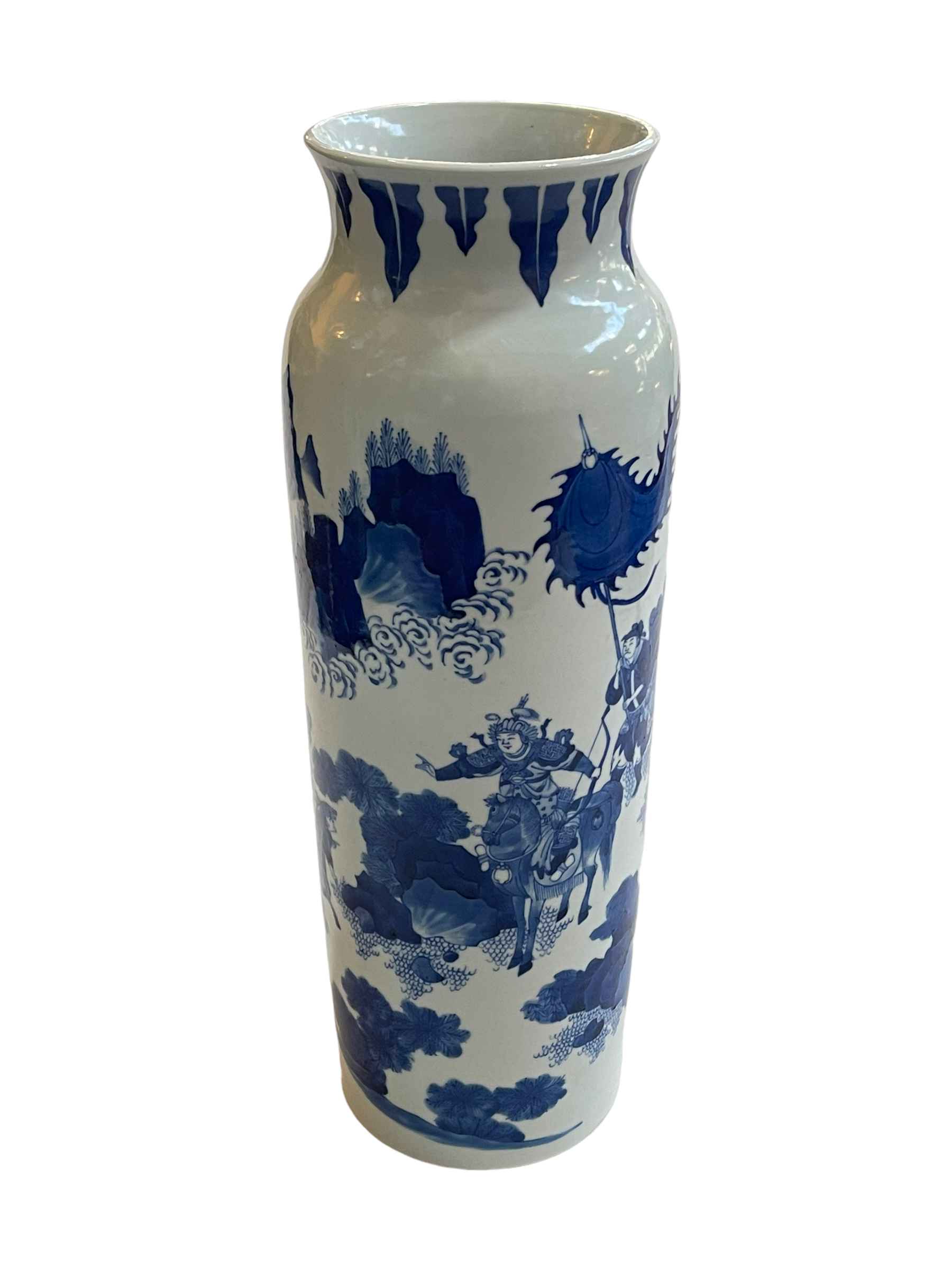 Tall Chinese blue and white sleeve vase with equestrian and other male figures, 45cm.