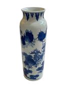 Tall Chinese blue and white sleeve vase with equestrian and other male figures, 45cm.