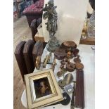 Collection of wood and metal wares including sculpture, reel, compasses, ruler, chrystoleum, etc.