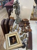 Collection of wood and metal wares including sculpture, reel, compasses, ruler, chrystoleum, etc.