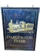 Large two sided hanging pub sign 'Darlington Flyer', in ebonised frame, 122cm by 91cm.